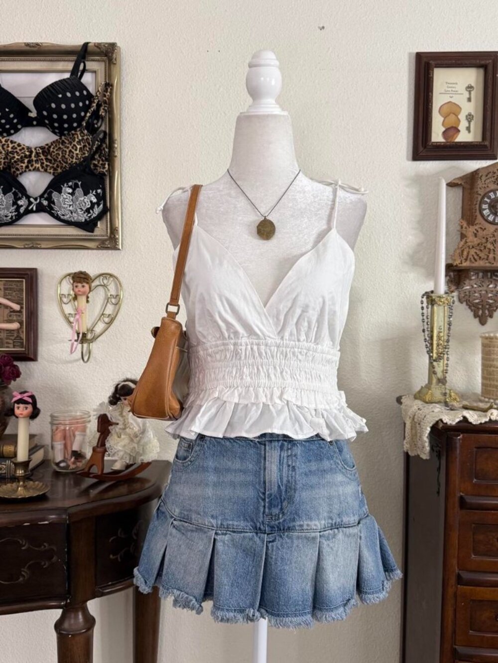 Boho girly grunge dainty white ruched cropped top